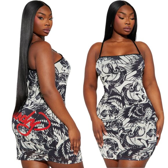 NWT Y2K Inspried Ed Hardy Eagle Stretchy Lined Mesh Mini Dress Size 1X - Picture 1 of 6